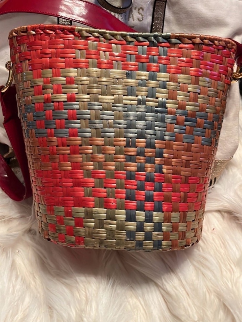 Vintage rodo Italy Woven Multicolor Bucket Bag - Red Accent